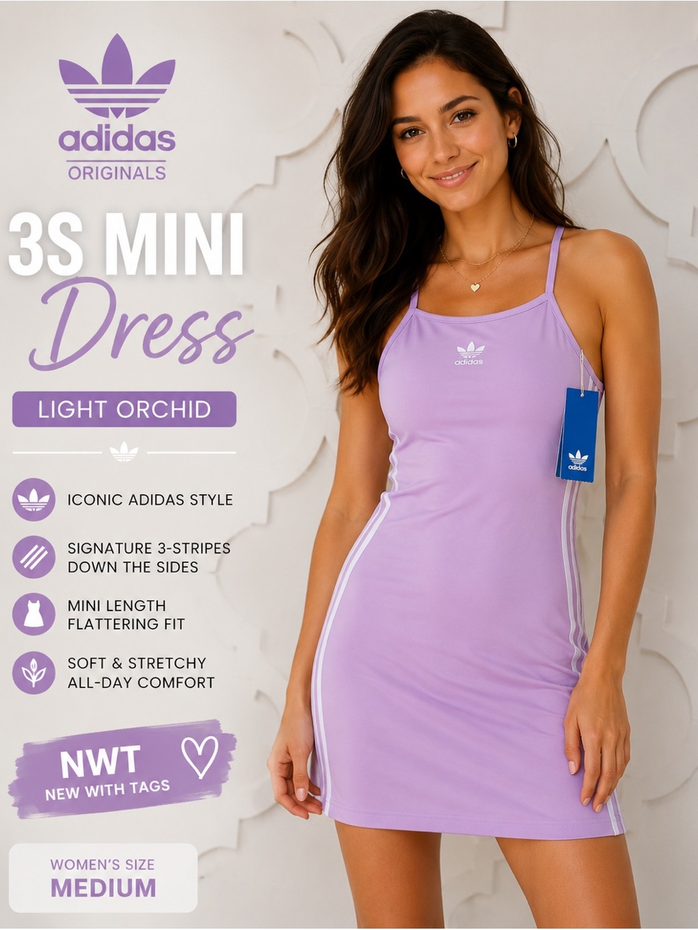 NWT Adidas Originals 3S Mini Dress Light Orchid Medium Lavender Trefoil